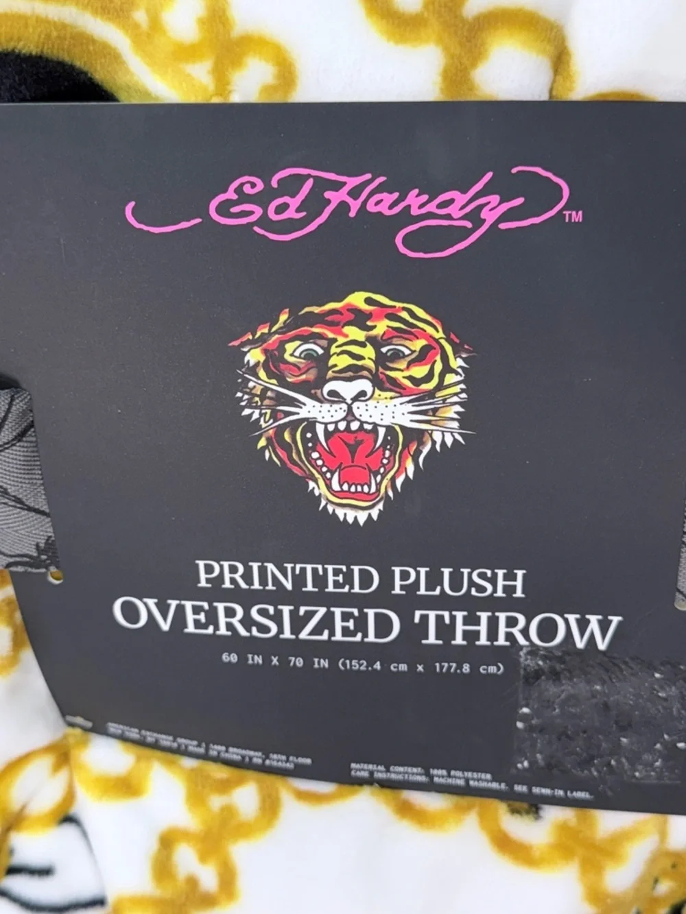 Ed Hardy Tiger Gold Chain Print Oversized Plush Throw Blanket 60x70 New